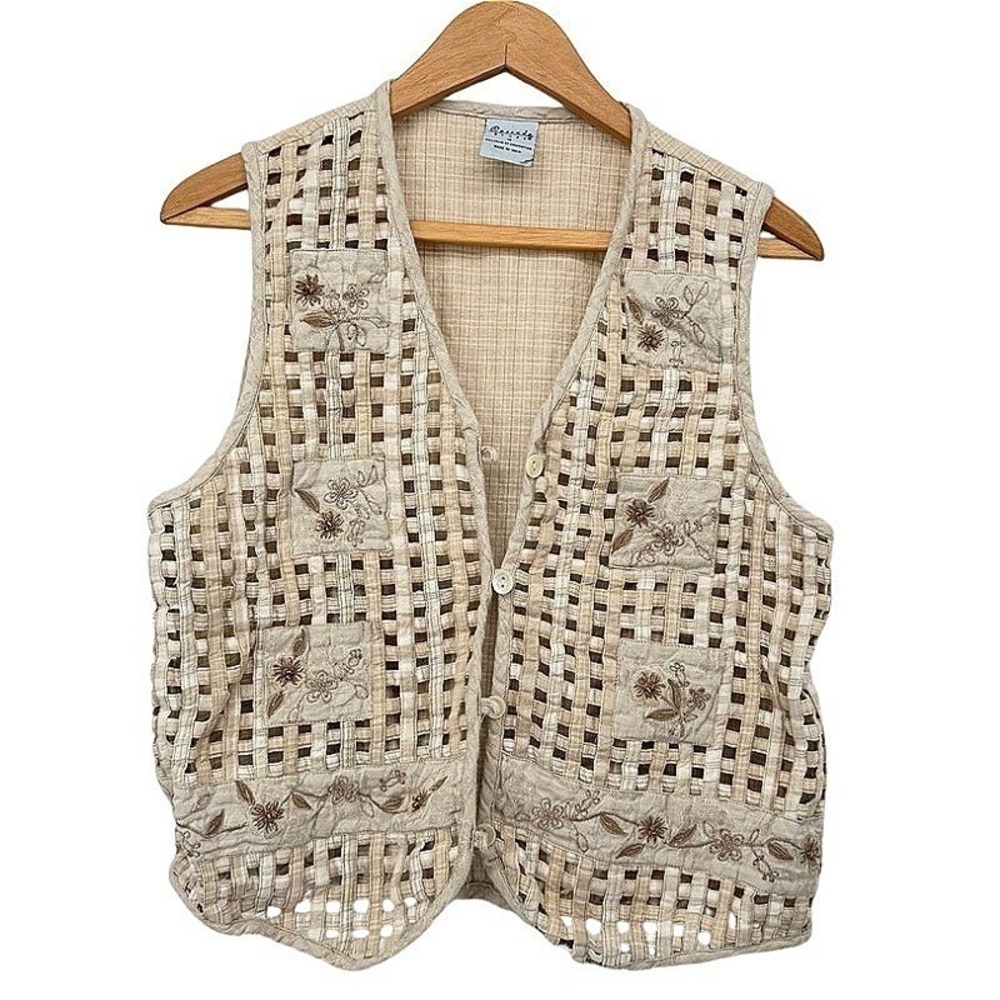 Cascade Blues Vest Embroidered Lattice Floral Boho Cottage Core Retro‎ Size MD